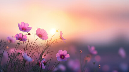 Obraz premium Pink cosmos flowers bathed in the warm glow of the setting sun, their delicate petals swaying gently in the evening breeze.