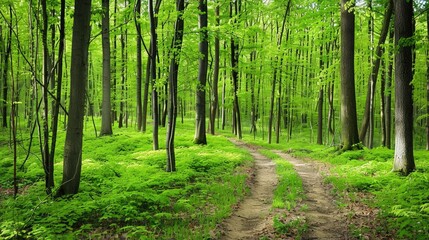 Fototapeta premium A winding dirt path leads through a dense green forest, sunlight filtering through the canopy