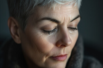 Mature woman with short gray hair closes her eyes in peaceful contemplation. Close-up portrait emphasizes her serene expression and delicate features