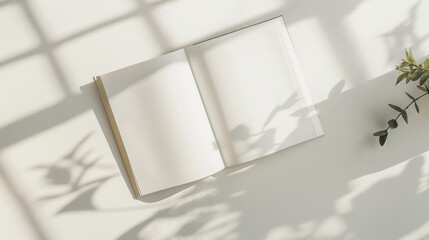 Open blank book on surface with soft shadows from window and plant. Bright natural light enhances minimalist aesthetic