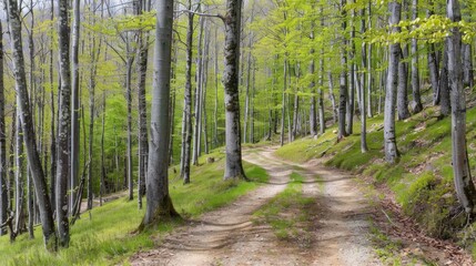 Fototapeta premium A winding dirt path leads through a dense green forest, sunlight filtering through the canopy