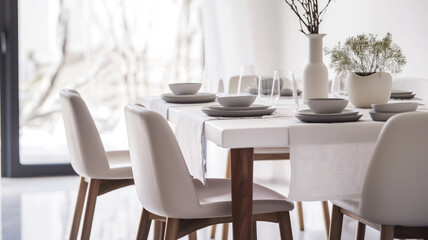 Modern dining room with a minimalist white table set for a meal, surrounded by white chairs. Soft natural light enhances the elegant and serene atmosphere