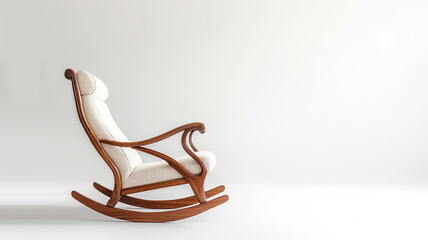 Elegant wooden rocking chair with white cushions in a minimalist room. Simple and classic design creates a serene and comfortable atmosphere