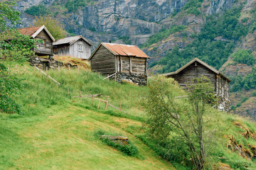 Houses from Otternes "klyngetun" of the fjord of Sognefjorden, Western Norway, the traditional Norwegian village, of June 2024.