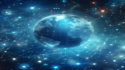 Obraz premium Blue abstract background with network grid and particles