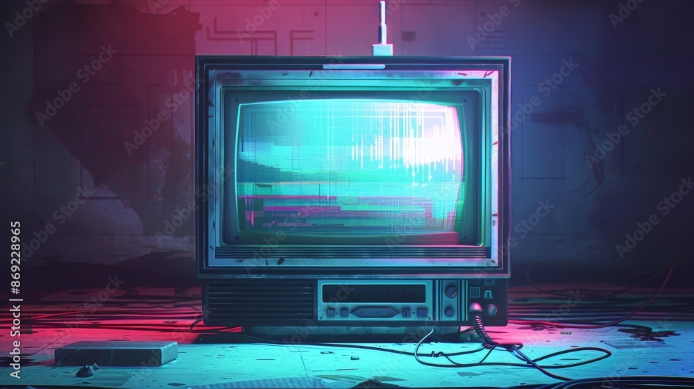 Poster an animated glitch game screen with a pixel texture background. a vhs digital pattern with retro tel