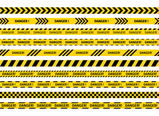 Yellow black tape. Danger ribbons. Caution barrier tapes for danger places. Set of warning bands for work zones. Seamless striped boundary lines under construction. Vector illustration.