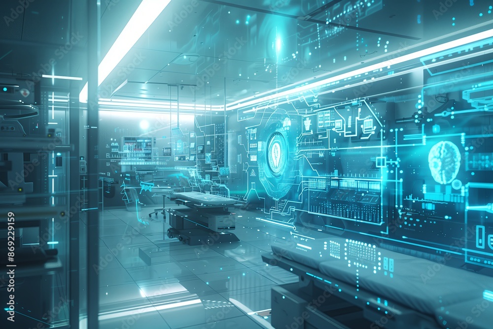 Poster a futuristic medical lab with ai driven diagnostic machines and holographic displays. the scene is