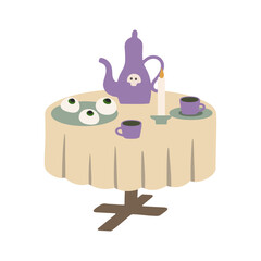 Cute Halloween tea party table setting vector illustration. Ceramic teapot with skull, cups and plate with spooky eyeball cookies served on round dining table with tablecloth. Creepy dinner drawing