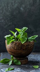 Fresh Tulsi basil leaves in a traditional wooden bowl