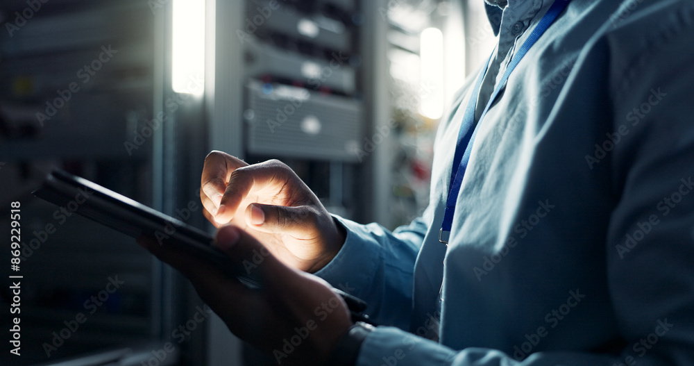 Poster Engineer, hands and person with tablet in server room, cyber security and firmwear update for gdpr with online programming. Developer, maintenance email and IT support, database and network info