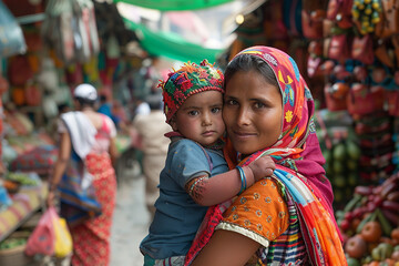 Fototapeta premium A mother and child in colorful traditional clothing at a bustling market, highlighting cultural diversity and family bonds.