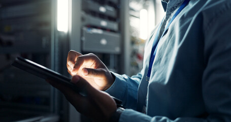 Engineer, hands and person with tablet in server room, cyber security and firmwear update for gdpr...