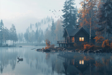 Obraz premium In the evening, the lake at the foot of the mountain and the small wooden houses on the shore