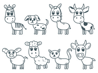 Set of animals doodle sketch style. Dog, cat, cow, bull, zebra, pig, sheep, donkey. Hand drawn ink characters, vector graphics