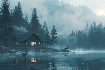 Fototapeta premium In the evening, the lake at the foot of the mountain and the small wooden houses on the shore