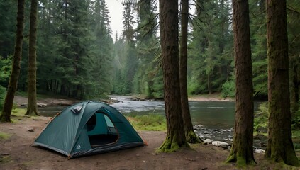 A photo of a camping tent. The tent is set up in the middle of a forest. The tent is surrounded by trees and there is a river in the background.