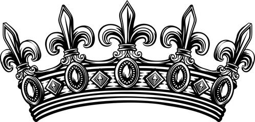 A royal crown heraldic heraldry design element in a vintage woodcut etching illustration crest or coat of arms style