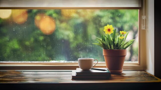 Rain falling on the window, raindrops flowing on the window glass, books, coffee and flower pots on the window sill table, comfortable rest and the sound of rain ASMR
