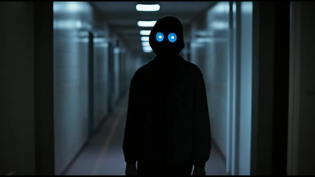 Masked Figure Animation in 4K, Blue-Eyed Hooded Character in a Dark Corridor, figure slight movements such as head turns or blinking blue eyes - 4K Animation Background Horror and Mystery Projects