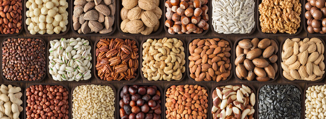 seeds and nuts background, natural food in wooden bowls, top view.