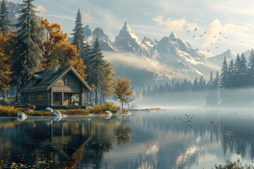 In the evening, the lake at the foot of the mountain and the small wooden houses on the shore