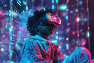 Neurodiversity virtual reality learning experience. Generation Alpha's innovative approach to futuristic education at home. Teenage boy immersing in a vr research