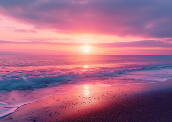Fototapeta premium Pink and purple sunset over a calm beach