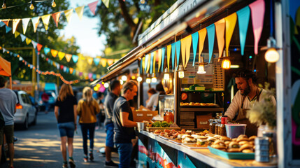 Obraz premium Diverse cuisine kiosk at a cultural festival serving fresh, vibrant foods under festive pennant banners, embodying a lively outdoor culinary experience. People walking and trying on street food.