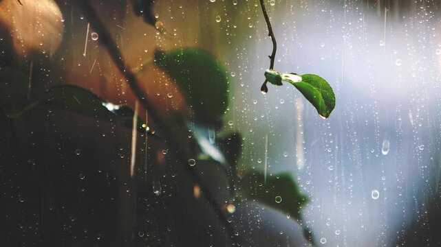 Rain and raindrops falling on the leaves outside the window, raindrops and the sound of rain hitting the window ASMR
