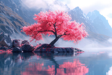 A lake under a high mountain, a tree with pink flowers blooming