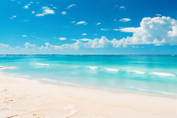 Obraz premium Summer vacation, tropical beach with blue sky and sea for relaxation, panoramic beach background, summer holiday with beautiful nature sand, sunlight, ocean water with Generative AI 