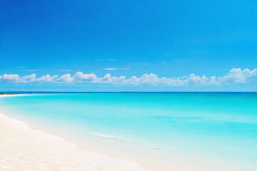 Summer vacation, tropical beach with blue sky and sea for relaxation, panoramic beach background, summer holiday with beautiful nature sand, sunlight, ocean water with Generative AI 