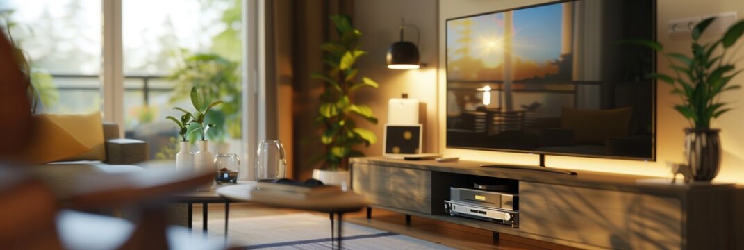 A modern living room with a large flat-screen TV, home theater system, and stylish furniture. The TV is displaying a bright and sharp image. Generative AI - Powered by Adobe