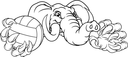 An elephant volleyball animal sports mascot holding a volley ball in his claw