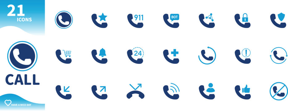Call icon. Contact icon set, call lock, emergency call, chat, phone. Solid vector icons