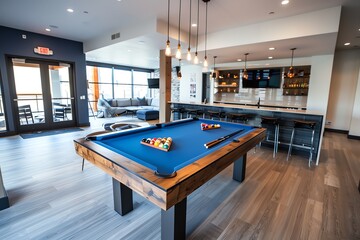 Stylish Game Room with a Pool Table and Chic Bar Area