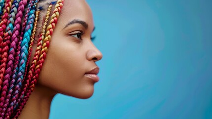A close-up portrait of a woman with colorful braids
