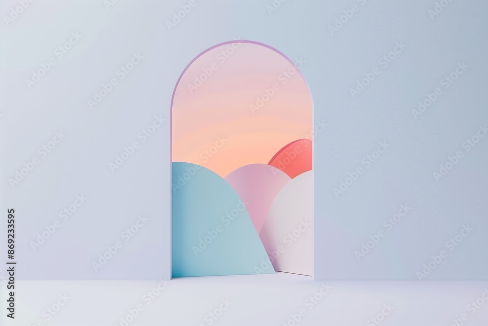 Poster a minimalist of a keyhole against a plain white background, through which a simple, abstract scene