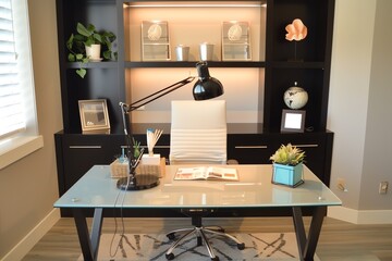 Contemporary Home Office with a Sleek Glass Desk and Abundant Storage