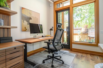 Elegant Contemporary Home Office Design Showcasing a Standing Desk and Trendy Chair