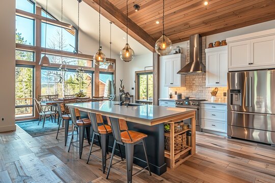 Contemporary Kitchen with a Spacious Island and Stylish Bar Stools