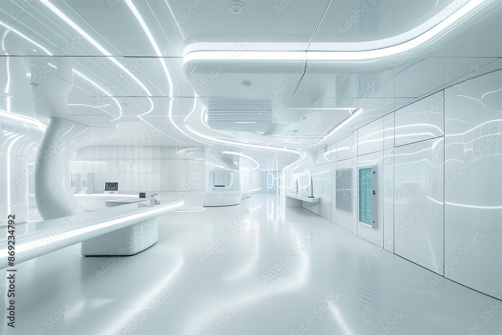 Poster A modern, minimalistic medical lab with AI driven devices. The space is characterized by open,