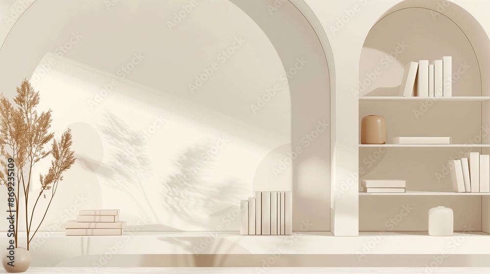 Poster a modern minimalist book swap scene featuring a sleek, open bookshelf with a few carefully placed