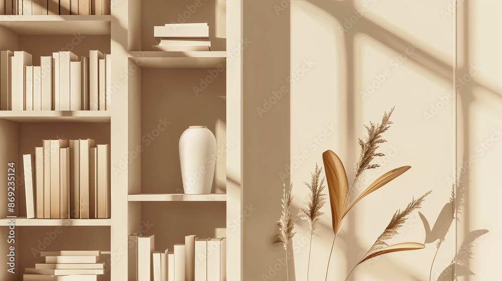 Poster a modern minimalist book swap scene featuring a sleek, open bookshelf with a few carefully placed