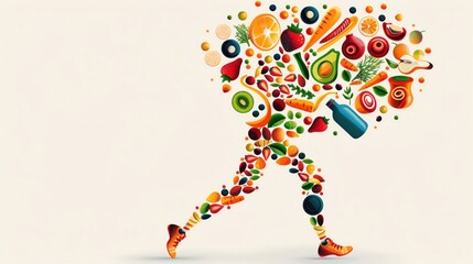 Healthy lifestyle, balanced diet and exercise with copy space, flat design illustration.