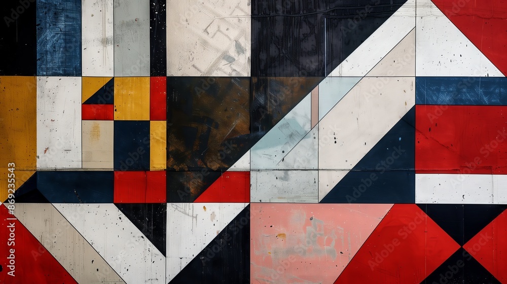 Poster a geometric abstract with linear patterns, squares, and triangles, creating a striking and harmoniou