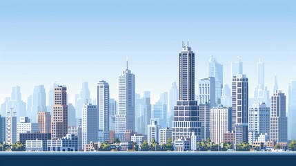 Fototapeta premium Modern City Skyline with Bright Blue Sky and Waterfront Panorama