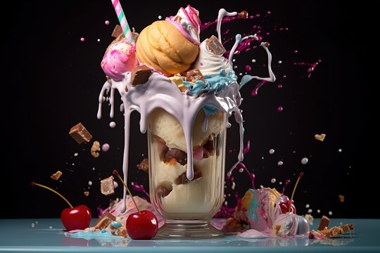 Delicious freak shakes on table. Freaked milkshake or overshake