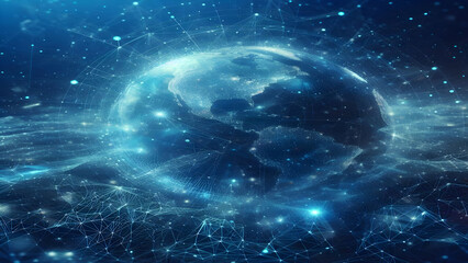 Blue abstract background with network grid and particles